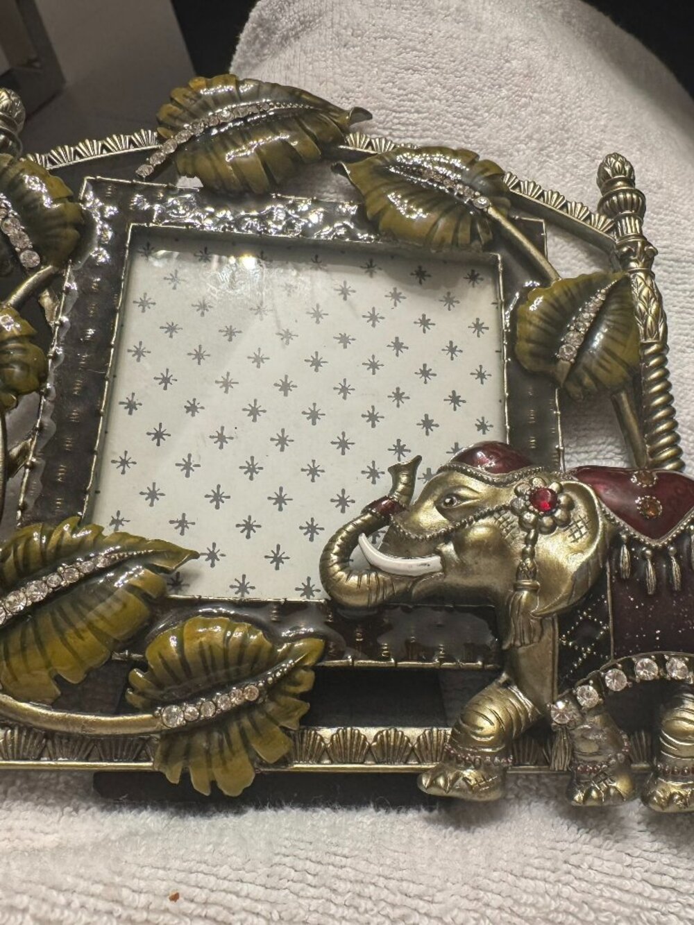 Vintage Z Gallerie Ornate Gold-tone elephant enamel leaf frame, 3"x3", jeweled